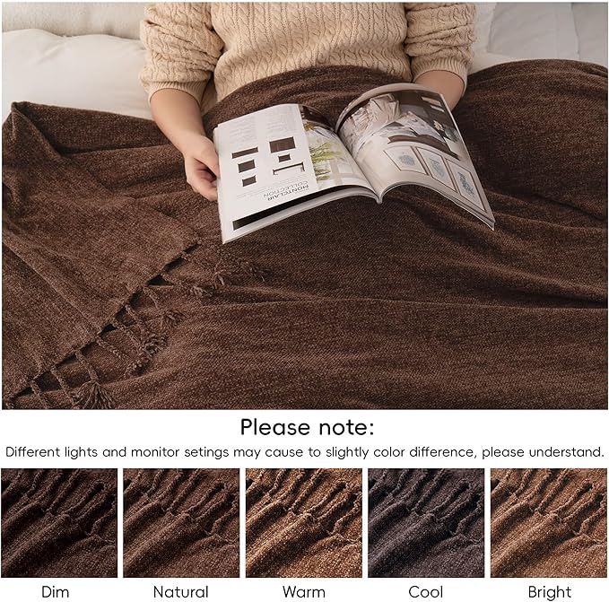 BATTILO HOME Brown Throw Blanket for Couch, Bed, Sofa - Soft Cozy Chenille Throw with Fringe Tassels, Lightweight Chocolate Brown Knitted Throw for Home Decor, 50"x60"