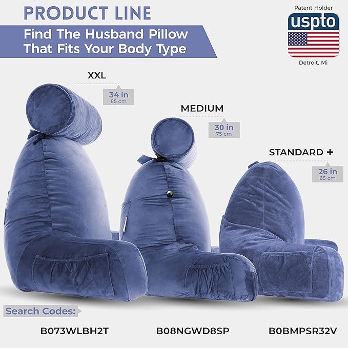 Husband Pillow Dark Blue, Original Reading Pillow in Bed Rest Chair, Shredded Memory Foam Large Lounge Cushion Adult Backrest with Arms, Comfy Back Support for Sit Sitting Up, Wash/Removable Cover