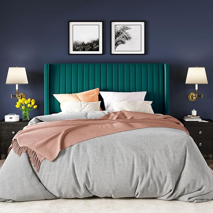 Allewie Queen Size Bed Frame/Velvet Upholstered Platform Bed/Vertical Channel Tufted Wingback Headboard/Strong Wooden Slats/No Box Spring Needed/Easy Assembly/Teal
