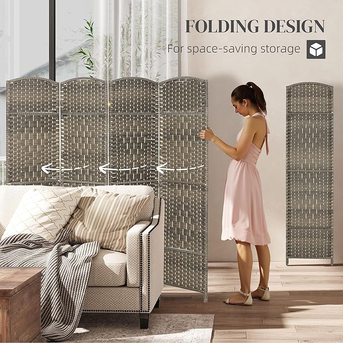 HOMCOM 4 Panel Room Divider, 6' Tall Folding Privacy Screen, Hand-Woven Freestanding Wall Partition for Home Office, Bedroom, Dark Rustic Oak