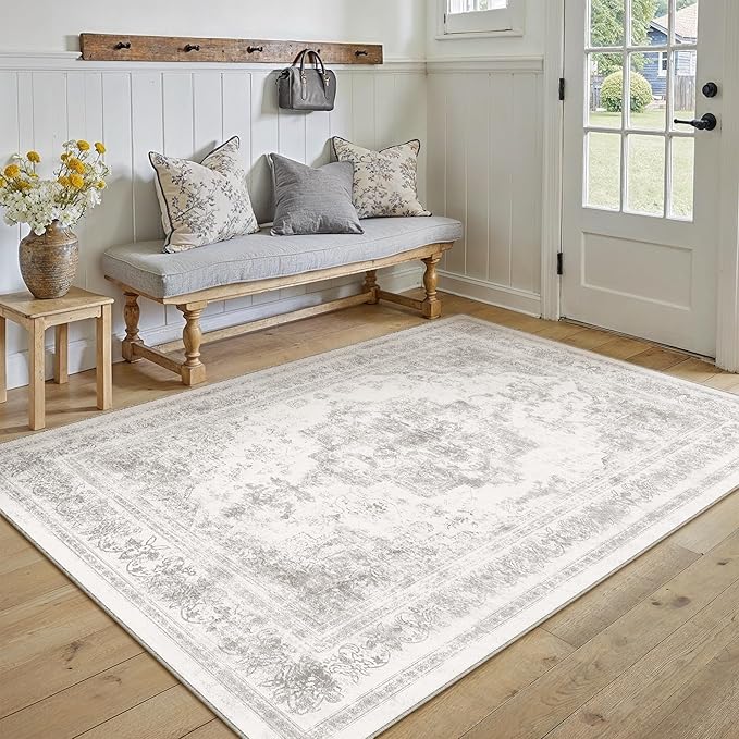 Area Rug 5x7 Washable Light Gray Rug Vintage Boho Medallion Large Grey Distressed Retro Carpet for Living Room Non Slip Indoor Low Pile Small Soft Bedroom Dining Room Home Office