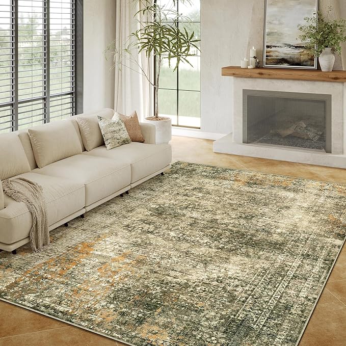 Area Rug 6x9 Brown Washable Non-Slip Lightweight Floral Vintage Distress Print Rug for Living Room Low Pile Soft Throw Indoor Carpet for Office College Dorm Laundry Dining Room Bedroom