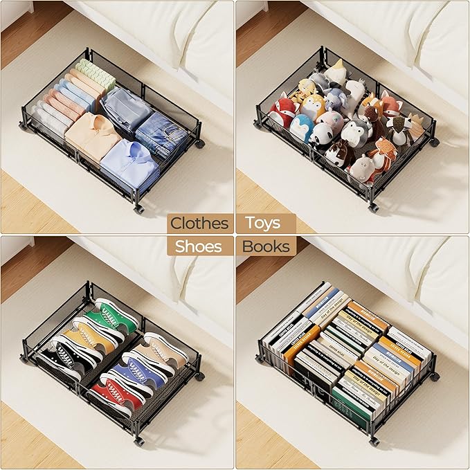 Yecaye Under Bed Storage with Wheels, 2 Pack Under Bed Shoe Storage Organizer Drawer, Tool-free Assembly Metal Underbed Storage Containers for Clothes, Shoes, Black