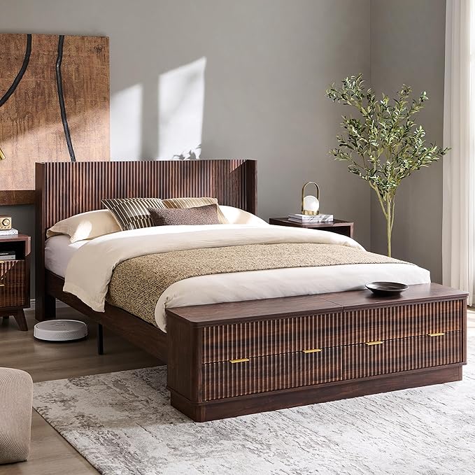 T4TREAM Fluted Queen Size Bed Frame with Wingback Headboard, Footboard Storage Bench with Built-in Drawers & Lift-Up Compartments, Wood & Steel Platform Bed, No Box Spring Needed, Dark Walnut