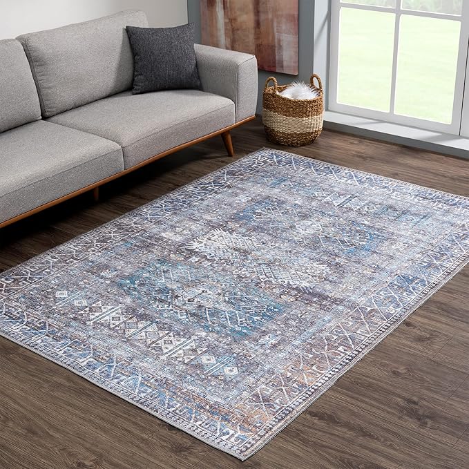 Bloom Rugs Washable 4' x 6' Rug - Slate Gray/Blue Traditional Area Rug for Living Room, Bedroom, Dining Room, and Kitchen - Exact Size: 4' x 6'