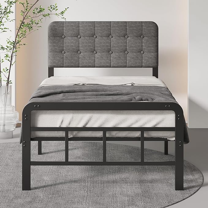 12 Inch Twin XL Bed Frames with Upholstered Headboard and Metal Footboard, No Box Spring Needed, Heavy Duty XL Twin Metal Mattress Foundation, Noise Free, Easy Assembly