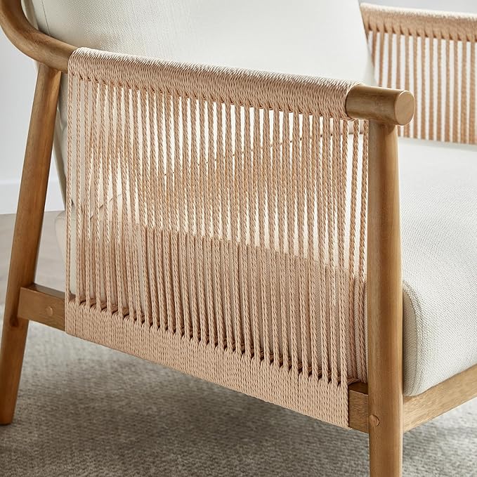 CHITA Braid Accent Chair Set of 2, Modern Armchair with Solid Wooden Armrest for Living Room and Bedroom, Boho Reading Chair, Cream