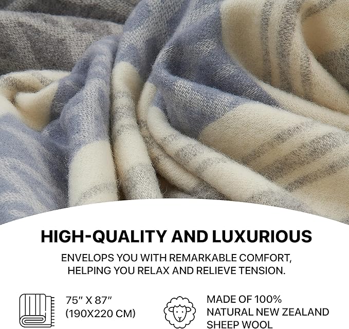 | Wool Blanket/Throw | 100% New Zealand Wool | Perfect for Home and Outdoors | Virgin Wool Throw with Fringes 75"x87" (190 x 220 cm)