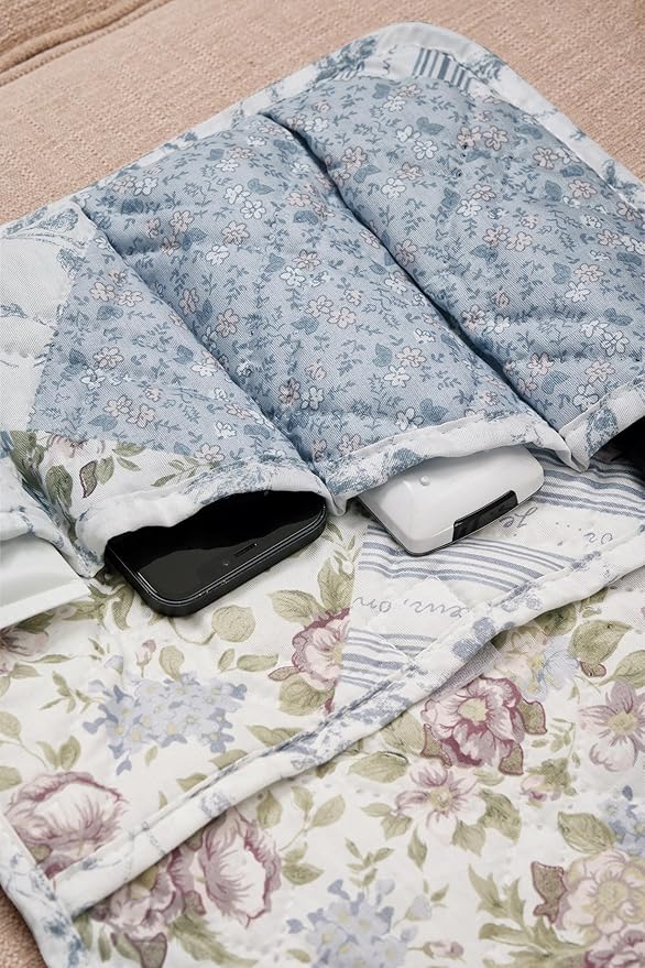 Brilliant Sunshine Blue Rose Patchwork Couch Armrest 5 Pockets Organizer, Slip Resistant Recliner Armchair Caddy, Washable Remote Controls Holder, Storage for Magazine, Tablet, Phone, iPad, Blue Rose