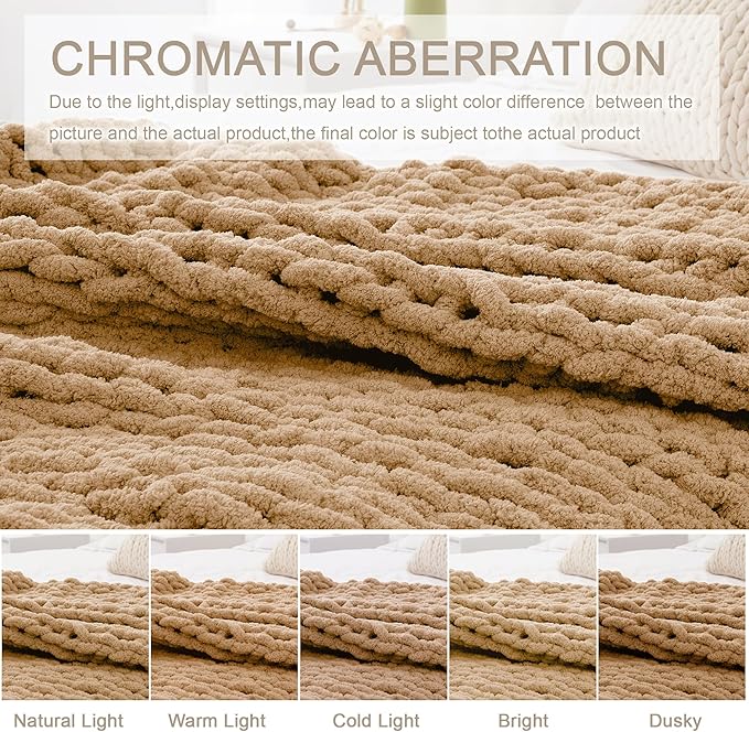 Chunky Knit Throw Blanket 50"X 60", 100% Handmade with Soft Chenille Yarn, 4.4lbs Thick Cable Knitted Blankets, Large Rope Knot Crochet Throws for Couch Sofa Bed Home Decor, Tan Brown