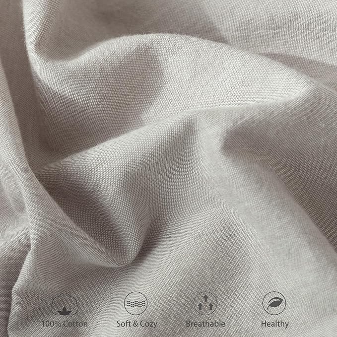 MooMee Fitted Bottom Sheet Only 100% Washed Cotton Linen Like Textured Breathable Durable Soft Comfy Deep Pocket Fits Mattress up to 17" (Natural Linen, Twin)