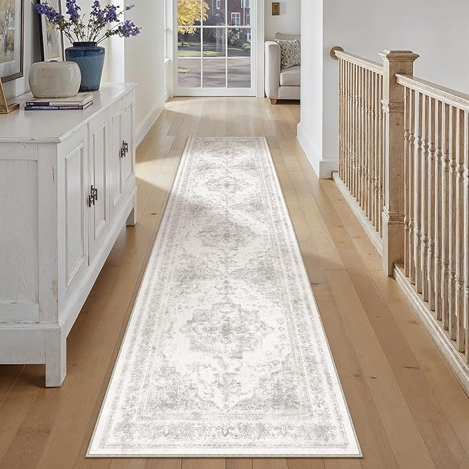 Runner Rug 2x12 Washable Light Gray Hallway Runner Vintage Boho Medallion Non Slip Grey Distressed Retro Carpet Indoor Low Pile Long Soft Rug for Kitchen Entryway Bedroom Bathroom Laundry
