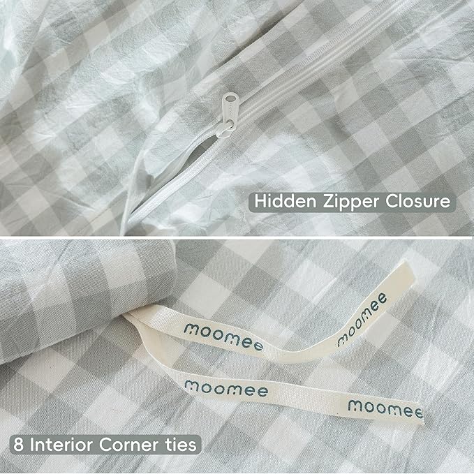 MooMee Gingham Duvet Cover Set 100% Washed Cotton Linen Like Textured Breathable Durable Soft Comfy Modern Checkered Design (Northern Droplet Grey Gingham, King 104"x90")