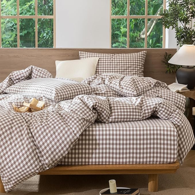 MooMee Gingham Duvet Cover Set 100% Washed Cotton Linen Like Textured Breathable Durable Soft Comfy Modern Checkered Design (Brown Gingham, King 104"x90")