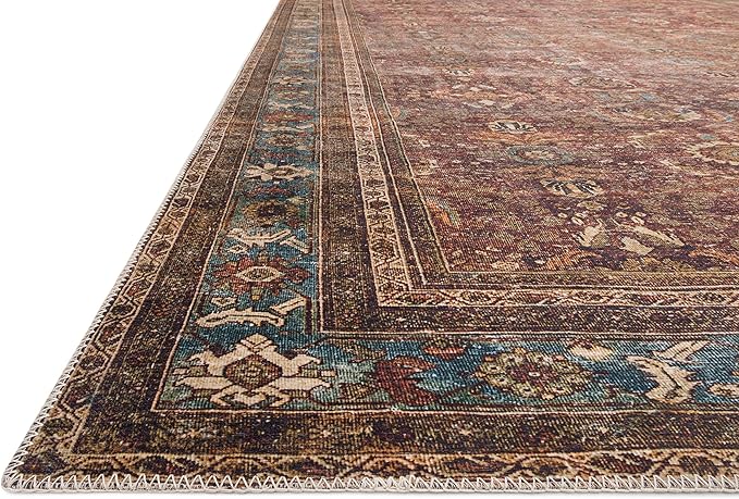 Loloi Layla Collection LAY-01 Brick/Blue 2'-6" x 9'-6" .13" Thick Runner Rug, Soft, Durable, Vintage Inspired, Distressed, Low Pile, Non-Shedding, Easy Clean, Printed, Living Room Rug