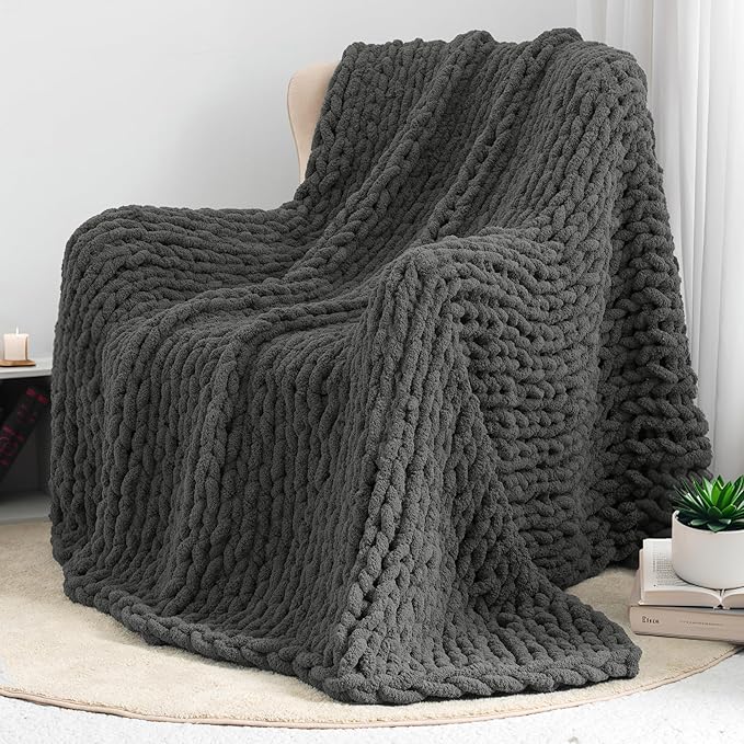 Chunky Knit Throw Blanket 50"X 60", 100% Handmade with Soft Chenille Yarn, 4.4lbs Thick Cable Knitted Blankets, Large Rope Knot Crochet Throws for Couch Sofa Bed Home Decor, Dark Grey