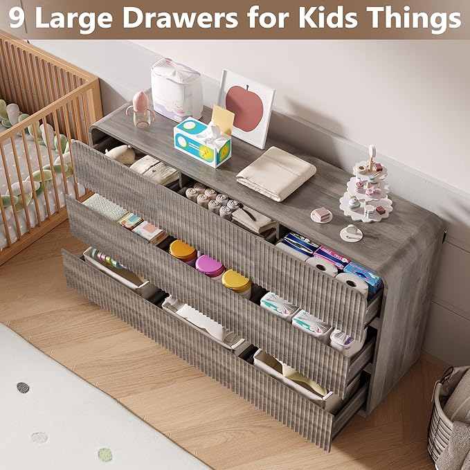 Dresser for Bedroom with 9 Drawers, Fluted Chest of Drawers with Round Curved Corner, Hidden Handles, Modern Wood Storage Organizer for Bedroom, Nursery, Living Room