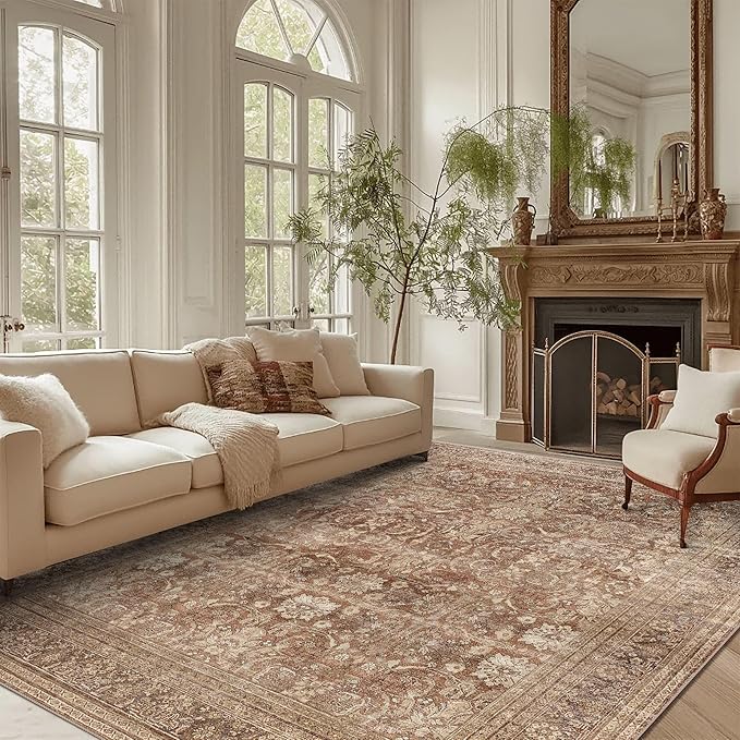 vivorug 9x12 Area Rugs for Living Room, Non Slip Machine Washable Vintage Rug, Ultra-Thin Lightweight Large Area Rug for Bedroom, Dining Room, Low Pile Brown Rug