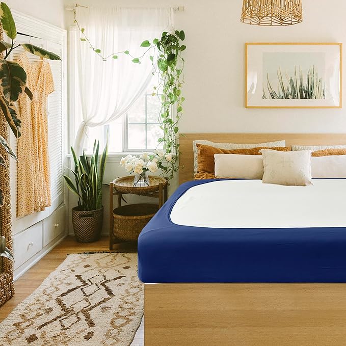 Biscaynebay Decorative Box Spring Cover Full & Full XL Size, Navy Luxurious Jersey Knitting Stretchy Wrap Around 4 Sides Bed Skirt for Home/Hotels, Easy Fit Wrinkle & Fade Free Machine Washable