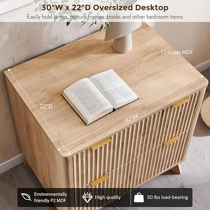 T4TREAM Modern Fluted Wood Night Stand, 30" Tall Bedside Table with 2 Drawers & Large Tabletop, Side Tables Bedroom, End Table for Living Room, Natural Oak