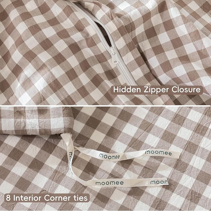 MooMee Gingham Duvet Cover Set 100% Washed Cotton Linen Like Textured Breathable Durable Soft Comfy Modern Checkered Design (Brown Gingham, King 104"x90")