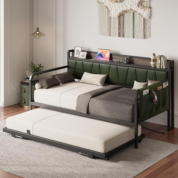 LIKIMIO Daybed with Trundle Bed, Twin XL Bed Frame with Storage Headboard and Charging Station, Sofa Day Bed with Strong Supports for Living Room, Bedroom, and Guest Room, Green