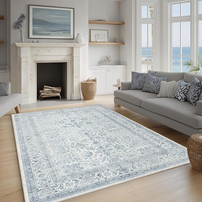 FMFUNCTEX 4x6 Washable Area Rug Blue Neutral Vintage Non Slip Low Pile Traditional Indoor Carpet for Entryway Living Room Bedroom Soft Retro Floral Mat Throw Rug for Dining Office Kitchen Entryway