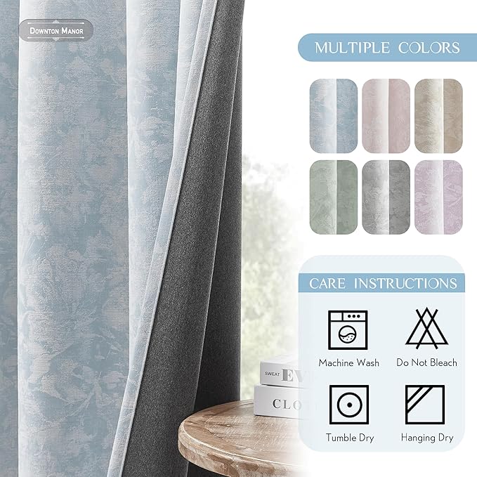 Beauoop Blue Floral Jacquard Blackout Curtains 84 Inches Long 2 Panels for Bedroom Living Room Chenille Flower Room Darkening Thermal Insulated Soundproof Grommet Window Treatments Drapes, 52x84