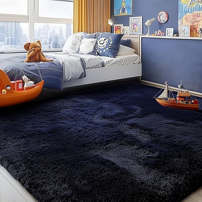 PAGISOFE Dark Navy Blue Rugs for Living Room 5x8 Ft, Plush Area Rugs for Bedroom, Non-Shedding, Indoor Furry Floor Rugs for Nursery Playroom, Shag Carpet for Kids Room Decor Aesthetic, Dark Blue