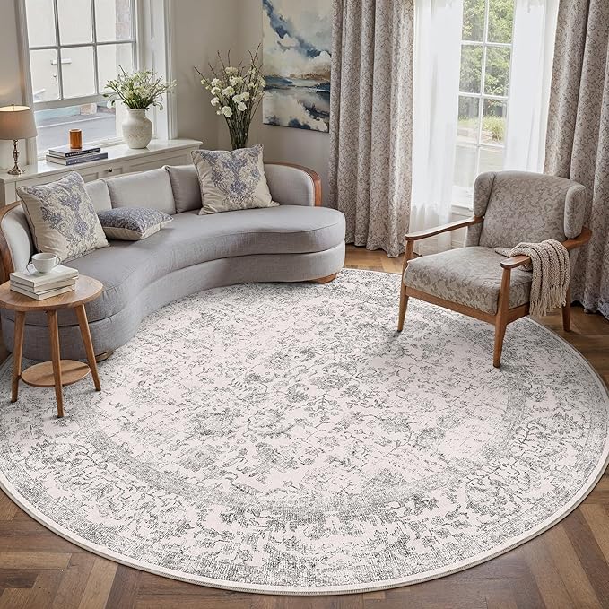 Grey Round Area Rug 6ft Entryway Door Mat Small Circle 6x6 Kitchen Vintage Carpet Non Slip Indoor Bedroom Washable Distressed Floral Retro Accent Throw Rug Office Bathroom