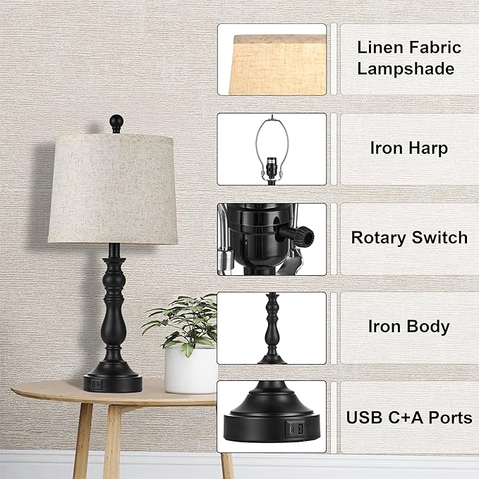 23'' Farmhouse Table Lamps for Living Room Set of 2 with USB C+A Ports, Retro Bedside Lamp for Bedroom, Office, Dining Room, Knob Switch, 3 Color Temperatures, Bulb Included, Black