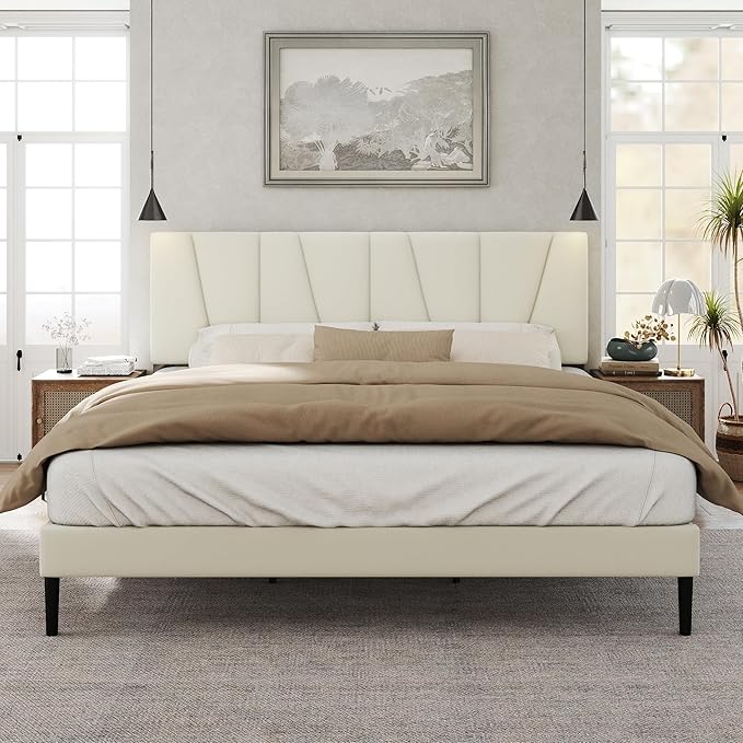 Queen Size Bed Frame with Fabric Upholstered Headboard, Platform Bed with Wooden Slats Support, Fully Mattress Foundation, Box Spring Optional, Easy Assembly
