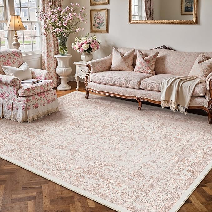 Pink Area Rug 5x8 Machine Washable Vintage Living Room Distressed Non Slip Carpet Traditional Indoor Bedroom Retro Floral Accent Throw Large Rug Office Kitchen Bathroom Dining Room