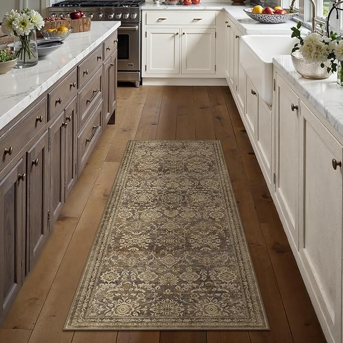 2x6 Runner Rug Brown Vintage Hallway Carpet Indoor Kitchen Washable Living Room Low Pile Traditional Distressed Retro Floral Accent Throw Rug Non Slip Laundry Bathroom Office Dining Room