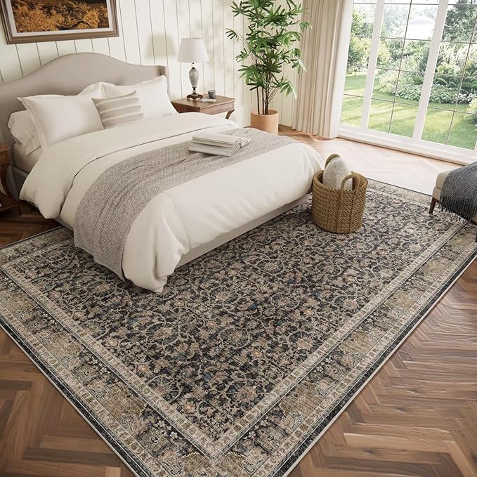 Washable 8x10 Area Rugs for Living Room, Boho Non-Slip Vintage Distress Large Rugs for Bedroom Dining Room Nursery Office, 0.3" Neutral Oriental Throw Thin Carpet, Black/Brown/Blue/Multi