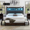 AMERLIFE King Size Bed Frame with Bookcase Headboard, 4 Storage Drawers, Wooden Platform Bed with Charging Station & LED Light, No Box Spring Needed, Noise-Free, Rustic Brown