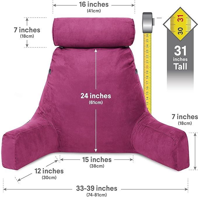 Husband Pillow XXL Aspen Edition - Adult Reading Bed Rest Pillow with Arms & Detach Neck Roll on Bungee Cord - Premium Memory Foam, Reversible 2 Sided Covers Micro Suede or Plush, Sliding Raspberry