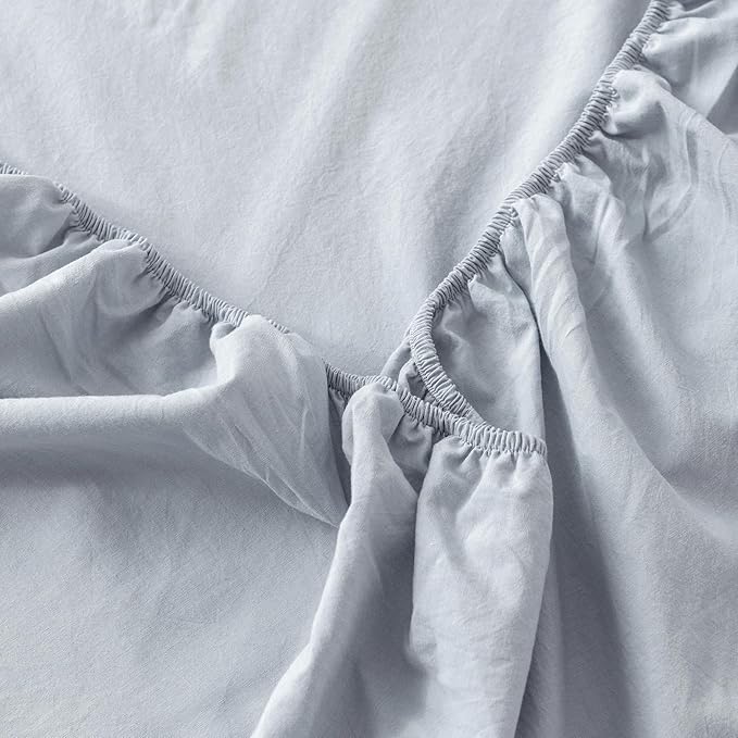 MooMee Fitted Bottom Sheet Only 100% Washed Cotton Linen Like Textured Breathable Durable Soft Comfy Deep Pocket Fits Mattress up to 17" (Cornflower Blue, Queen)