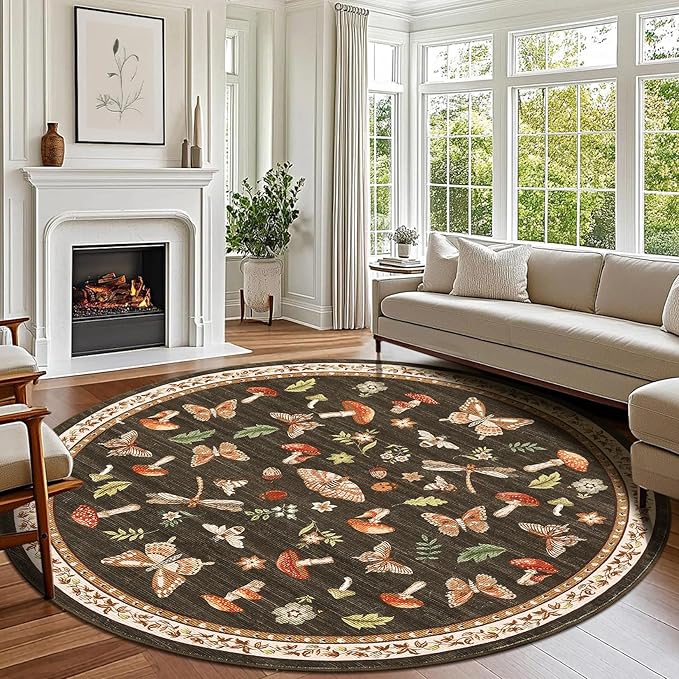 Mushroom Insect 8ft Round Rug Washable Non-Slip Soft Ultra-Thin Large Boho Circle Carpet for Entryway Kitchen Bedroom Nursery Dining Room Brown