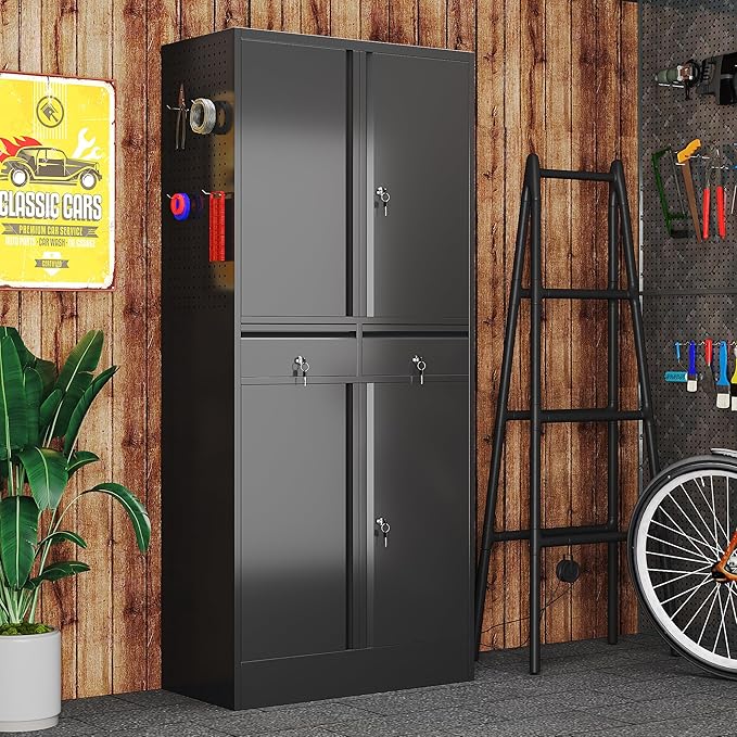 Garage Storage Cabinet, Metal Storage Cabinet with 2 Drawers and 2 Adjustable Shelves, Metal Lockers with Pegboards for Homes, Offices, Kitchens, Schools and Pantries