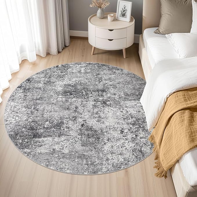 4ft Round Area Rug Living Room Rugs - 4x4 Washable Large Soft Indoor Neutral Modern Abstract Low Pile Rug Carpet for Bedroom Dining Room Farmhouse Home Office - Grey