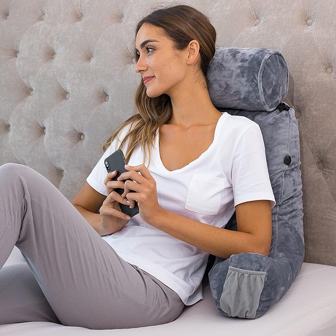 Husband Pillow Medium Dark Grey, Backrest for Kids, Teens, Petite Adults - Reading Pillows with Arms, Adjustable Loft, Plush Memory Foam, Bed Rest Chair Sitting Up, Detach Neck Roll, Removable Cover