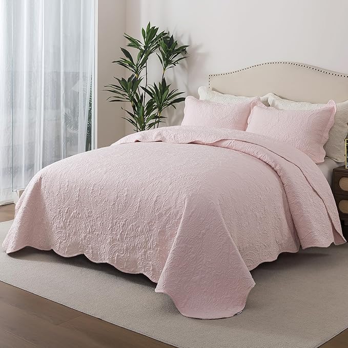 HoneiLife King Size Quilt Sets - 3 Piece Microfiber Quilt Set Lightweight Bedspreads Reversible Coverlets Rustic Bed Cover King Quilt Bedding Set All Season Quilts-Light Pink