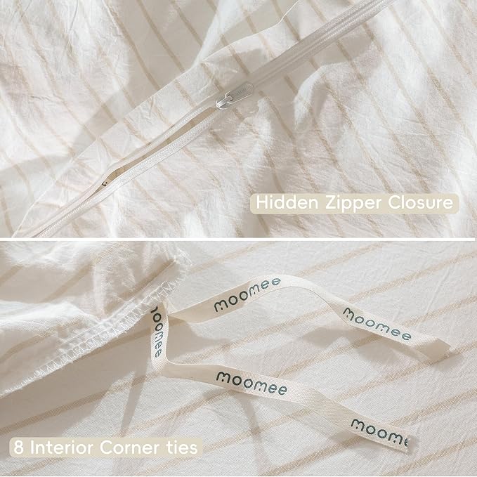 MooMee Striped Duvet Cover Set 100% Washed Cotton Linen Like Textured Breathable Durable Soft Comfy (White Almond Milk Grey Wide Stripes, Super King 108"x98")