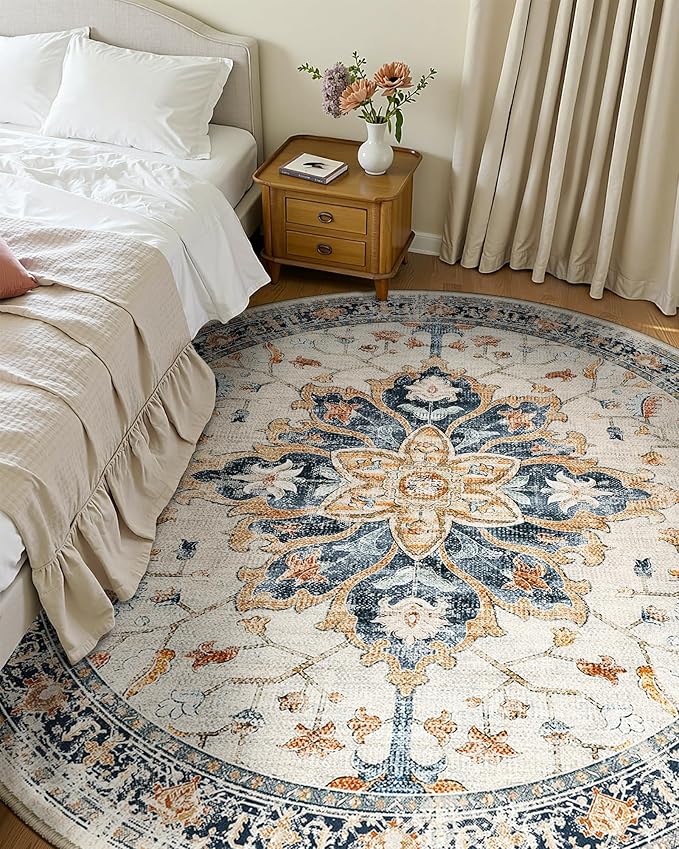 8ft Round Rug, Area Rugs 8ft, Washable Rug, Non-Slip, Rugs for Living Room for Bedroom, Circle , Vintage Rugs Boho Floral Medallion, Low Pile, Soft, Beige Dark Blue Navy Red
