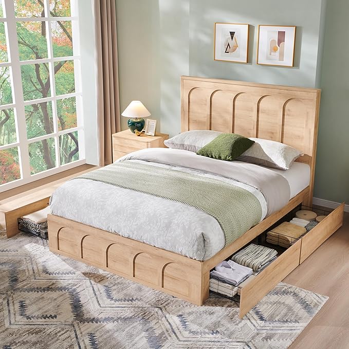 ACCOHOHO Queen Size Bed Frame Modern with 52" Tall Arched Recessed Headboard and 4 Drawers, Solid Wood Slats Support, Wood Platform, Noise Free, No Box Spring Needed, (Natural Oak)