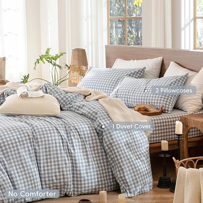 MooMee Gingham Duvet Cover Set 100% Washed Cotton Linen Like Textured Breathable Durable Soft Comfy Modern Checkered Design (Classic Gingham Cornflower Blue, Cal King 104"x98")