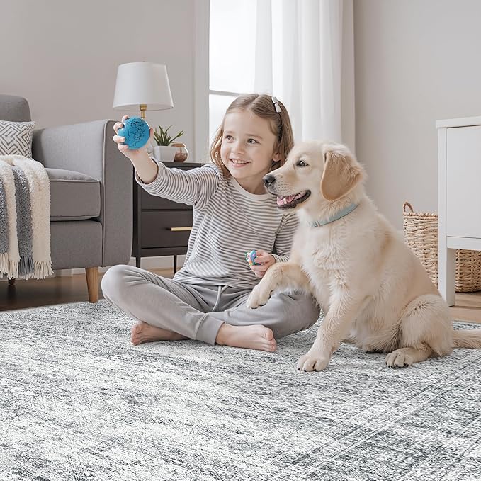 3x5 Rug, Small Area for Kitchen, Entryway, Machine Washable Non-Slip Throw Rug, Vintage Carpet for Nursery Coffee Table Grey