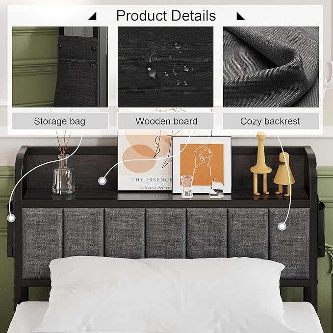 16 Inch Twin Bed Frames with Upholstered Storage Headboard, Heavy Duty Twin Platform Bed No Box Spring Needed, Noise Free, Easy Assembly, Gray