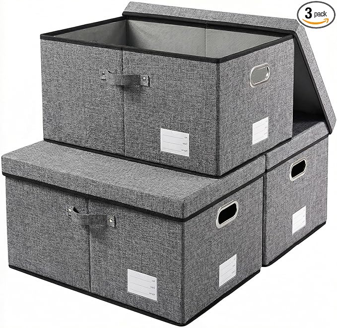 PRANDOM Storage Bins with Lids [3-Pack] Linen Fabric Foldable Storage Boxes Organizer Containers Baskets Cube with Cover Grey(23.4X15.9X11.4)